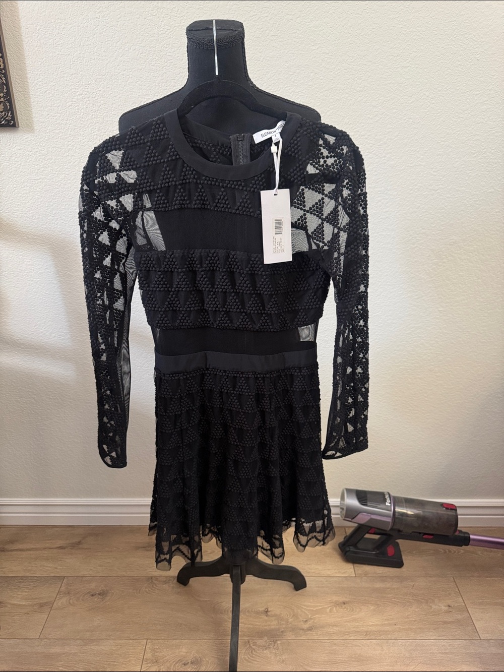 Elizabeth and James Black Lace Long-Sleeve Skater Dress